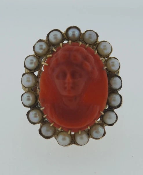 VICTORIAN C.1900 ANTIQUE CARVED CORAL PEARL PORTRAIT OVAL RING 14K YELLOW GOLD - 4
