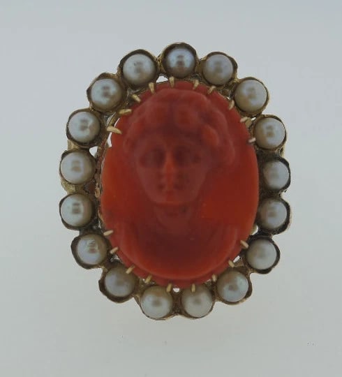 VICTORIAN C.1900 ANTIQUE CARVED CORAL PEARL PORTRAIT OVAL RING 14K YELLOW GOLD - 5