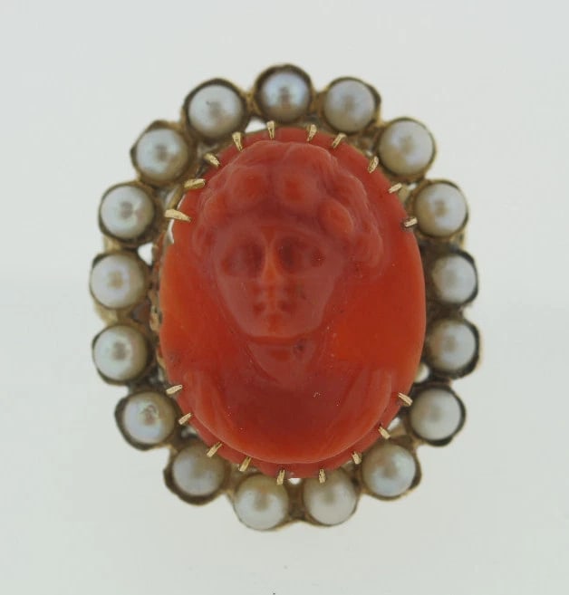 VICTORIAN C.1900 ANTIQUE CARVED CORAL PEARL PORTRAIT OVAL RING 14K YELLOW GOLD - 9