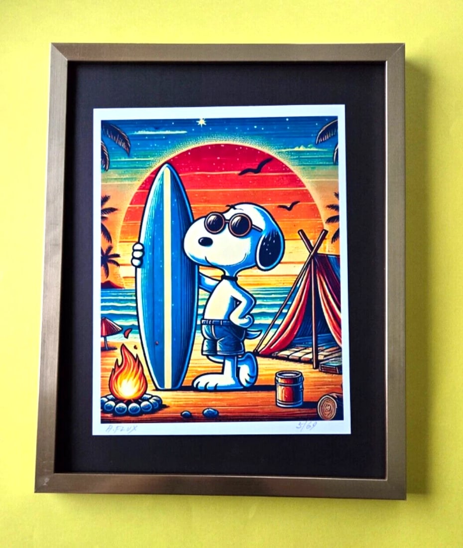 AIDAN FLUX | Hand Signed Original Print Framed Ltd.Ed. COA "SNOOPY SURFIN' USA": Title: AIDAN FLUX | Hand Signed Original Print Framed Ltd.Ed. COA "SNOOPY SURFIN' USA " Description: This is a Stunning and Scarce 100% Authentic New Print by Aidan Flux AIDAN Flux represents a new wa