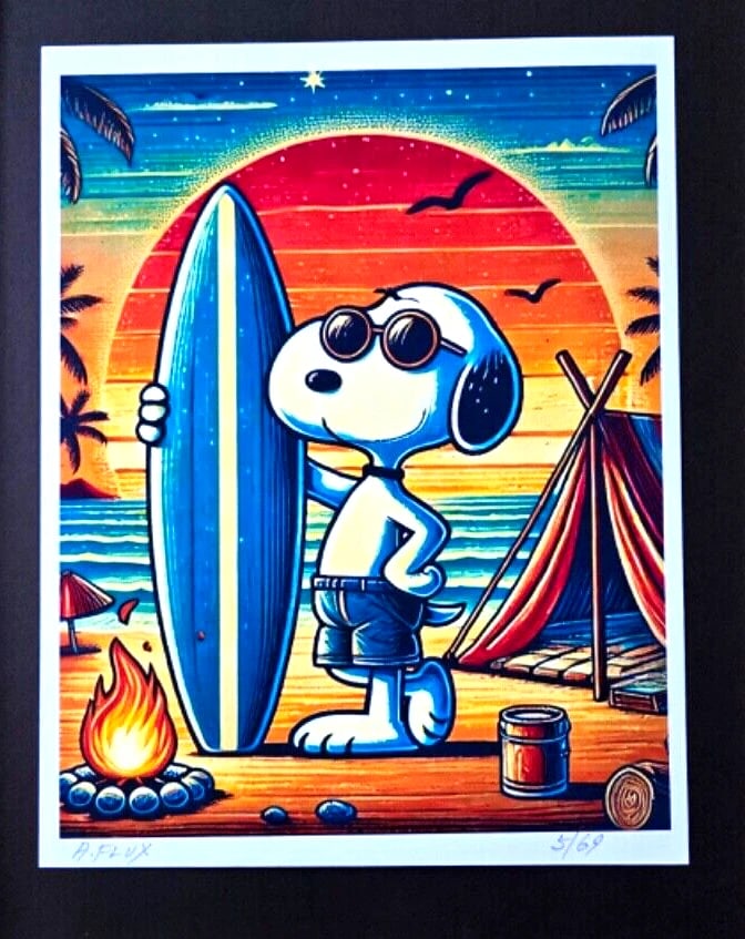 AIDAN FLUX | Hand Signed Original Print Framed Ltd.Ed. COA "SNOOPY SURFIN' USA" - 2