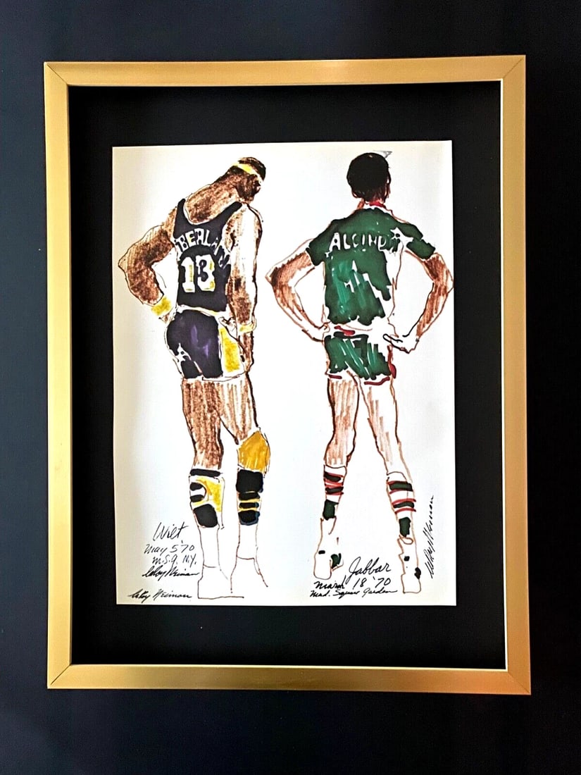 LEROY NEIMAN + WILT & JABBAR + CIRCA 1970'S + SIGNED PRINT FRAMED!: Title: LEROY NEIMAN + WILT & JABBAR + CIRCA 1970'S + SIGNED PRINT FRAMED! Description: We have for Sale this LEROY NEIMAN AWESOME 1970'S PRINT AFTER THE SKETCH OF " WILT AND JABBAR " FACSIMILE SIGNED