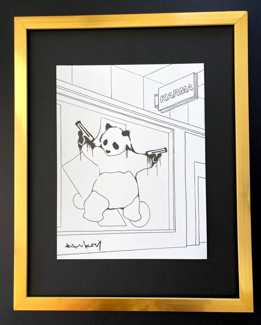 BANKSY + SIGNED "PANDA" PRINT FRAMED + COLLECTOR ITEM: Title: BANKSY + SIGNED "PANDA" PRINT FRAMED + COLLECTOR ITEM Description: This is a Beautiful and Scarce Print after BANKSY " PANDA " FACSIMILE SIGNED IN INK Print is about 8x8in. Mounted and Framed