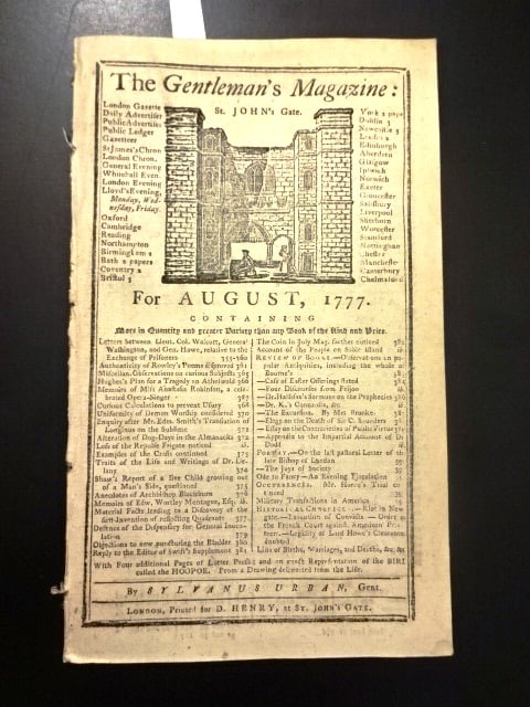 1777 Magazine Revolutionary War Letters George Washington: Title: 1777 Magazine Revolutionary War Letters George Washington Additional Information: The August 1777 issue of The Gentleman's Magazine, printed at London by Sylvanus Urban. 52 pages and no engravi
