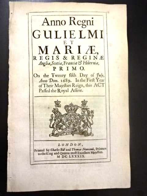 1689 English Act Oath of Supremacy: Title: 1689 English Act Oath of Supremacy Additional Information: An English act of Parliament passed in 1689 and orinted by Charles Bill and Thomas Newcomb, 1689. Decorative cover leaf and act of