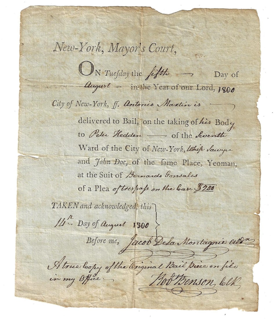1800 Fine New York Bail Document: Title: 1800 Fine New York Bail Document Additional Information: A partially printed Bail document for trespassing issued by the Mayors court of New York dated August 1 1800 being a true copy of the