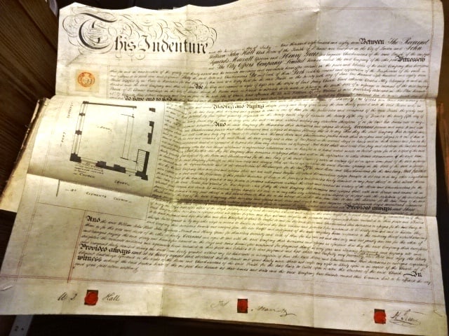 1887 Large Vellum Grant London and Survey: Title: 1887 Large Vellum Grant London and Survey Additional Information: Large handwritten English vellum indenture dated 1887 being the granting of an easement at Church Court in the city of London