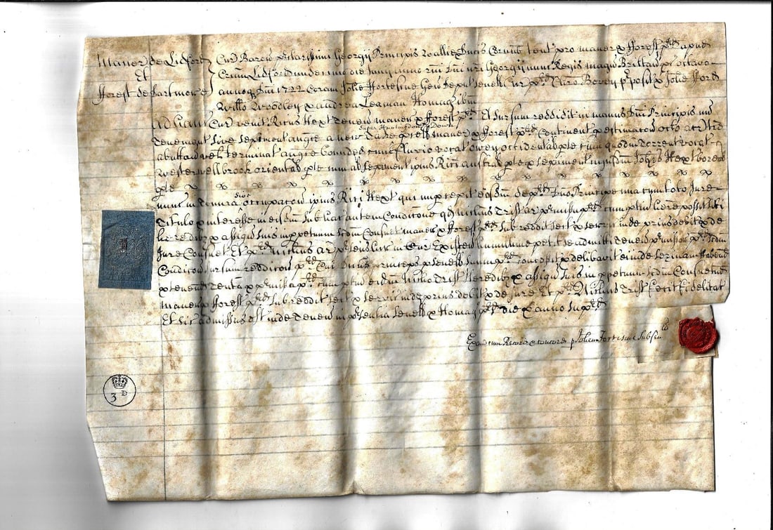 1722 Vellum English Manuscript Forest de Dartmore: Title: 1722 Vellum English Manuscript Forest de Dartmore Additional Information: An English manor document on vellum for the manor of Lydford and Forest de Dartmore in Devon dated 1722. Nicely penned 