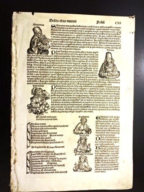 1493 Incunable Leaf Nuremurg Chronicles Portraits: Title: 1493 Incunable Leaf Nuremurg Chronicles Portraits Additional Information: A leaf from the Latin printing of the Nuremburg Chronicle, (Liber Chronicarum), by Hartmann Schedel and printed by