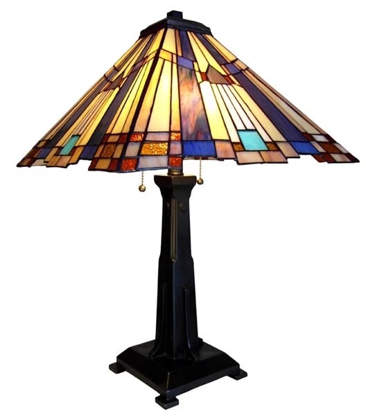 24" 2 light Stained Glass Geometric Mission Table Lamp: 24" tall 15" wide shade Illuminate your space with the timeless beauty of our reproduction stained glass table Lamp. This exquisite lamp features a hand-made stained glass shade. These captivating rep