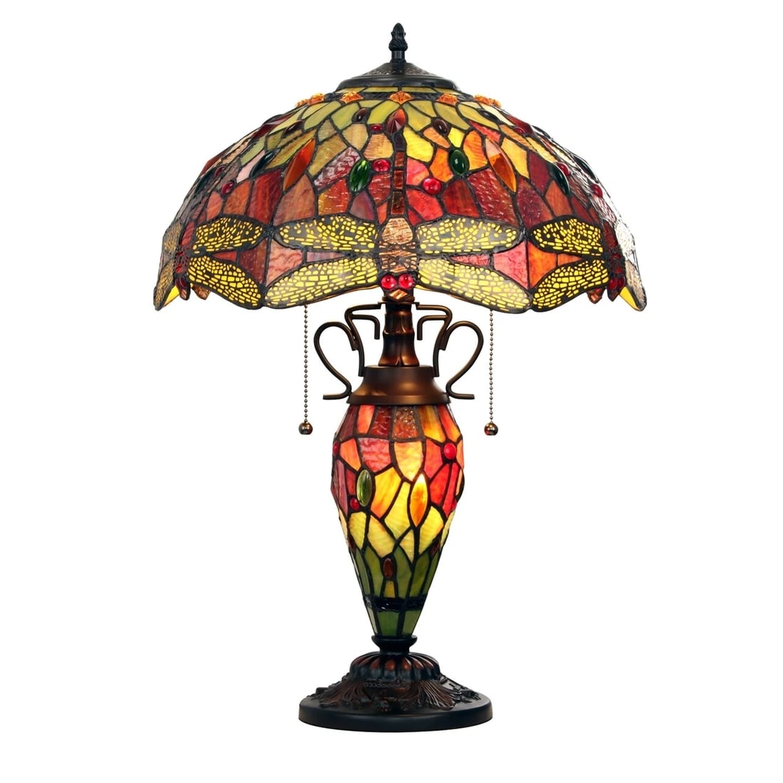 22.44" Stained Glass Dragonfly Lighted Base Table Lamp: 22.44 Tall x 15.94 Wide Wonderful reproduction stained glass double lit top and lighted base table lamp, a stunning work of art that combines traditional craftsmanship with modern functionality. This 