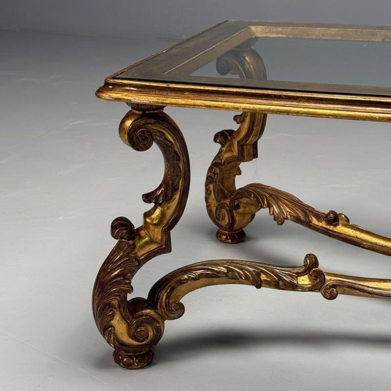 Hollywood Regency, Coffee Table, Gilt Wood, Gold Leaf, Glass, Italy, 1960s - 13