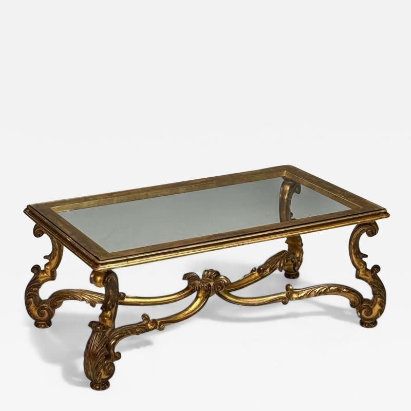 Hollywood Regency, Coffee Table, Gilt Wood, Gold Leaf, Glass, Italy, 1960s - 2