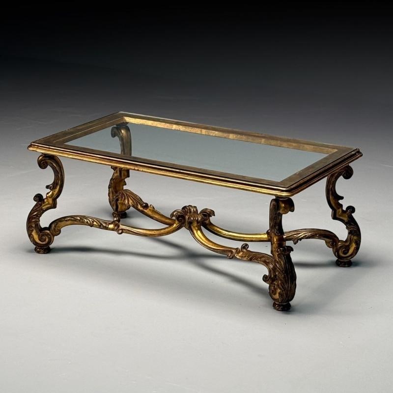 Hollywood Regency, Coffee Table, Gilt Wood, Gold Leaf, Glass, Italy, 1960s - 3