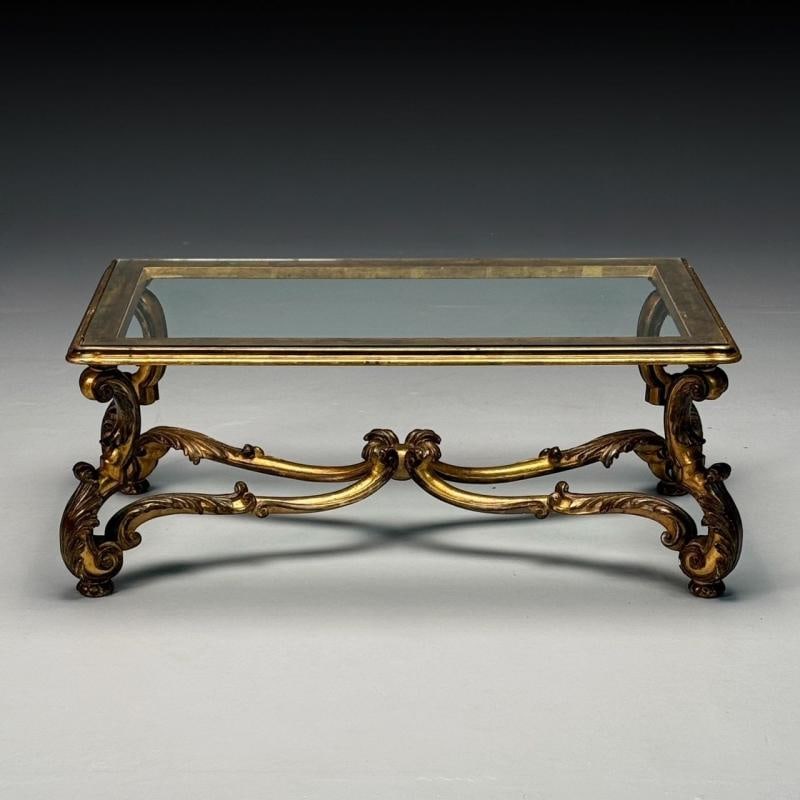 Hollywood Regency, Coffee Table, Gilt Wood, Gold Leaf, Glass, Italy, 1960s - 4