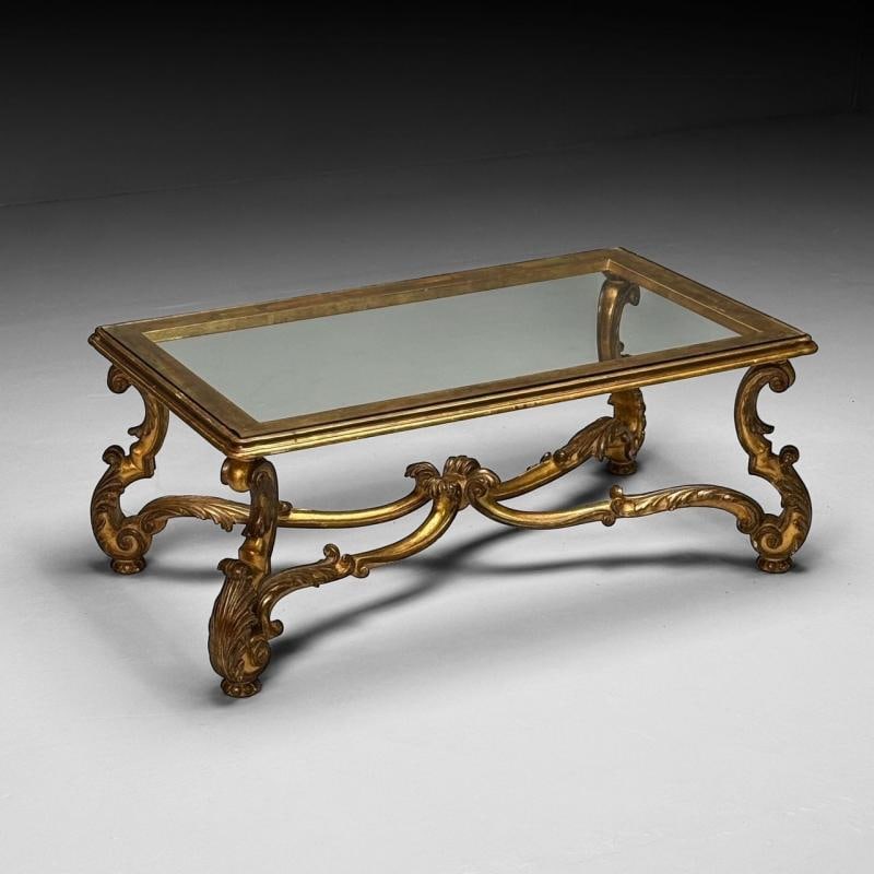 Hollywood Regency, Coffee Table, Gilt Wood, Gold Leaf, Glass, Italy, 1960s - 5