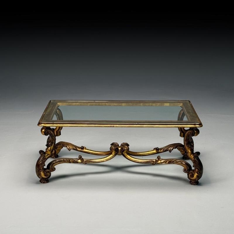 Hollywood Regency, Coffee Table, Gilt Wood, Gold Leaf, Glass, Italy, 1960s - 8
