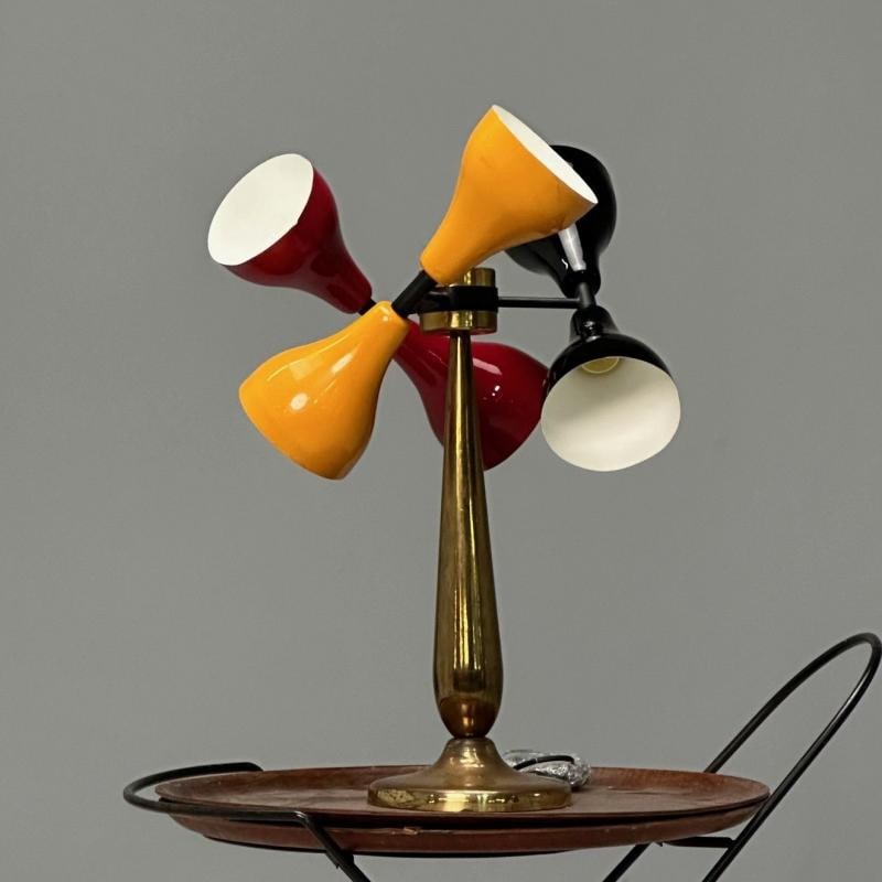 Italian Mid-Century Modern, Table Lamp, Enameled Shades, Patinated Brass, 1960s - 2