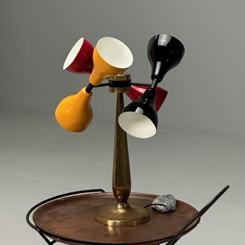 Italian Mid-Century Modern, Table Lamp, Enameled Shades, Patinated Brass, 1960s - 4