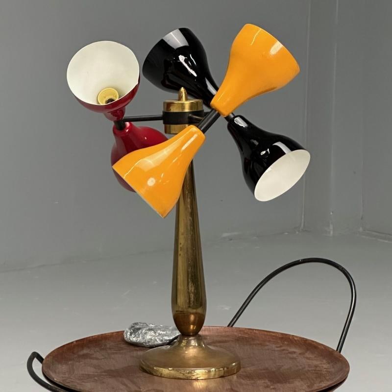 Italian Mid-Century Modern, Table Lamp, Enameled Shades, Patinated Brass, 1960s - 5