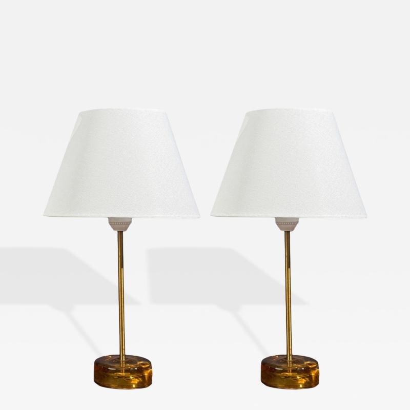 Nybro Armaturfabrik, Table Lamps, Amber Glass, Brass, Sweden, 1970s - 2