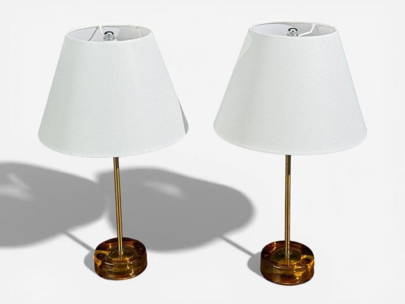 Nybro Armaturfabrik, Table Lamps, Amber Glass, Brass, Sweden, 1970s - 4