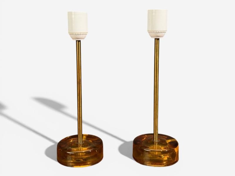 Nybro Armaturfabrik, Table Lamps, Amber Glass, Brass, Sweden, 1970s - 5