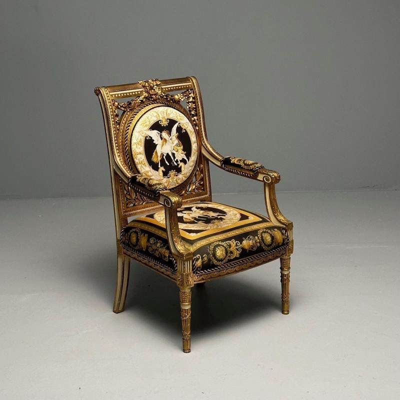 Louis XVI, French Arm Chair, Versace Fabric, Giltwood, France, 1960s - 2