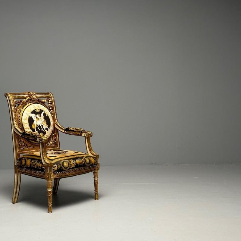 Louis XVI, French Arm Chair, Versace Fabric, Giltwood, France, 1960s - 3