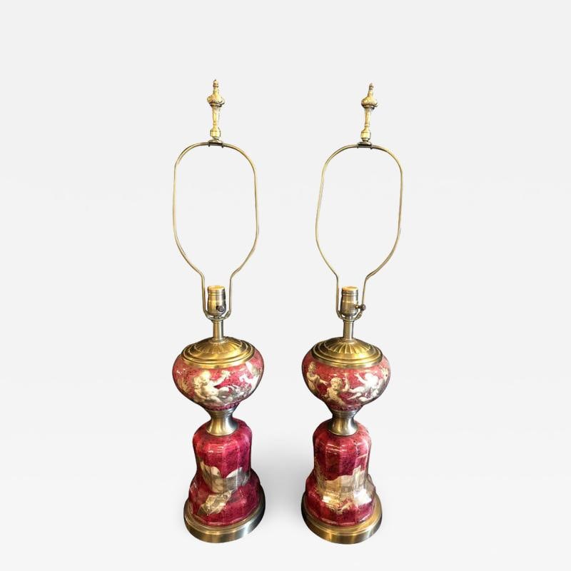 Pair of Neoclassical Cranberry Glass Decoupage Cherub Decorated Table Lamps - 2