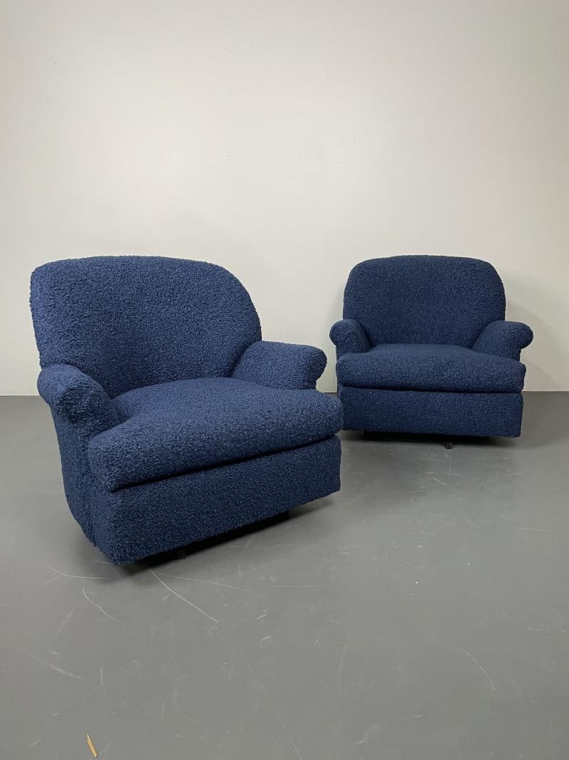 Pair of Mid-Century Modern Scroll Arm Swivel Lounge / Arm Chairs, Faux Shearling - 2