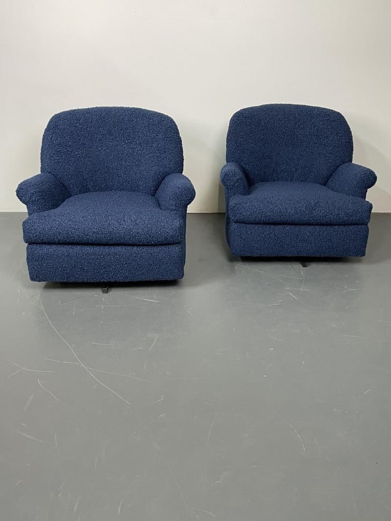 Pair of Mid-Century Modern Scroll Arm Swivel Lounge / Arm Chairs, Faux Shearling - 3