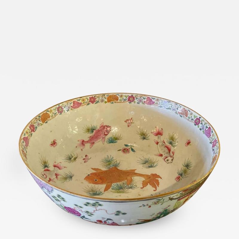 19th Century Famille Rose Chinese Export Punch, Koi Decorated: Title: 19th Century Famille Rose Chinese Export Punch, Koi Decorated Description: Description 1: Fine Ch'ing dynasty export Famille Rose large punch bowl, hand-painted porcelain, in very colorful