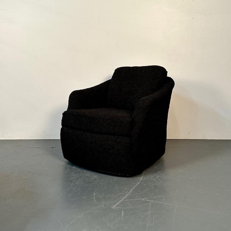 Mid-Century Modern Black Boucle Tub / Swivel / Lounge Chair, Faux Fur - 4