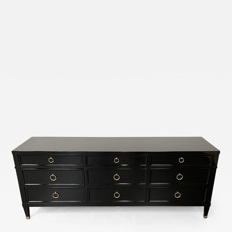 Hollywood Regency Black Lacquered Dresser / Sideboard, Bronze, Baker Furniture: Title: Hollywood Regency Black Lacquered Dresser / Sideboard, Bronze, Baker Furniture Description: Description 1: Regency Style Ebony Lacquered Chest, Dresser or Sideboard by Baker. A stunning,