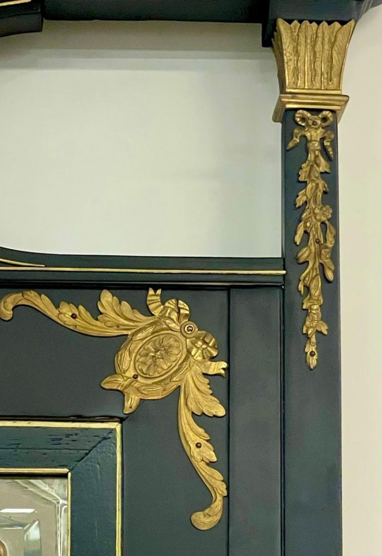 Monumental French Directoire Style Ebonized Mirror Beveled With Brass Accents - 7