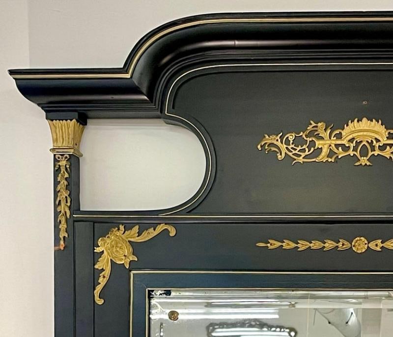 Monumental French Directoire Style Ebonized Mirror Beveled With Brass Accents - 8