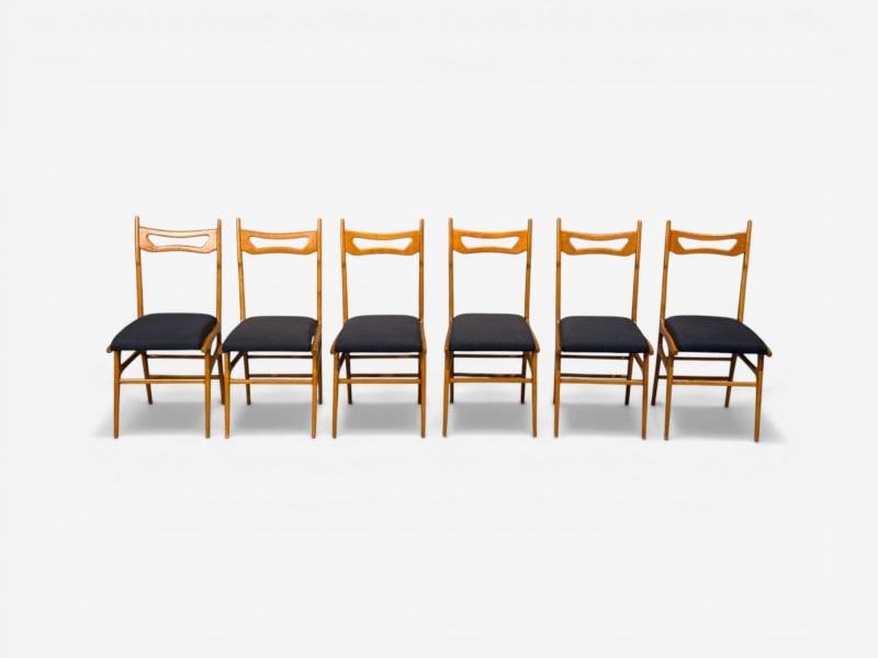 Vittorio Vago Mobili, Six Dining Chairs, Fruitwood, Fabric, Italy, 1960s - 10