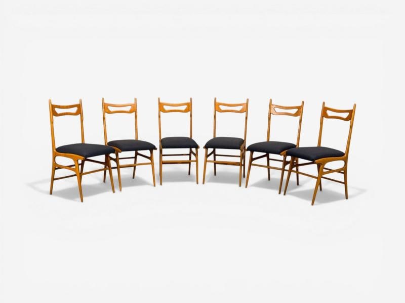 Vittorio Vago Mobili, Six Dining Chairs, Fruitwood, Fabric, Italy, 1960s - 3
