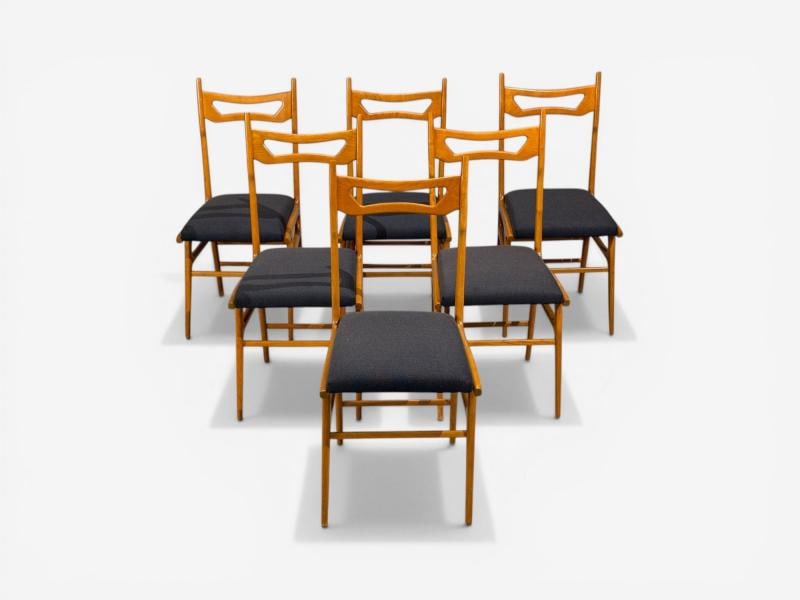 Vittorio Vago Mobili, Six Dining Chairs, Fruitwood, Fabric, Italy, 1960s - 4