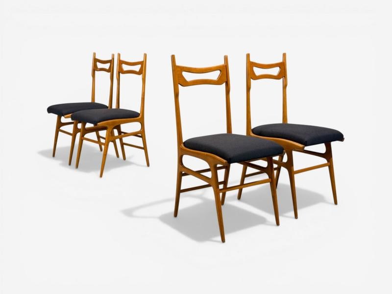 Vittorio Vago Mobili, Six Dining Chairs, Fruitwood, Fabric, Italy, 1960s - 6