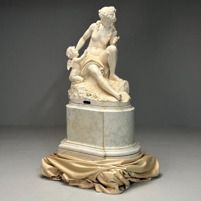 Jean-Marie Boucher, Venus and Cupid Marble Statue, White Marble, Romantic, 1910 - 2
