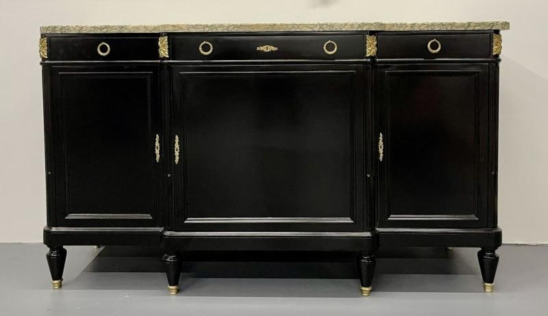 Ebony Hollywood Regency Louis XVI Style Bronze Mounted Sideboard, Marble Top - 2