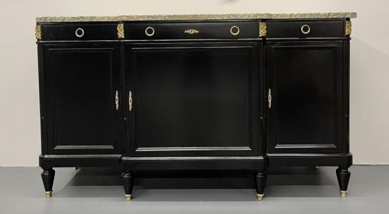 Ebony Hollywood Regency Louis XVI Style Bronze Mounted Sideboard, Marble Top - 3