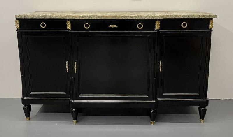 Ebony Hollywood Regency Louis XVI Style Bronze Mounted Sideboard, Marble Top - 4