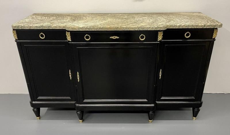 Ebony Hollywood Regency Louis XVI Style Bronze Mounted Sideboard, Marble Top - 6