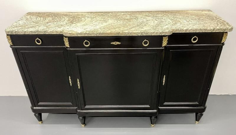 Ebony Hollywood Regency Louis XVI Style Bronze Mounted Sideboard, Marble Top - 7