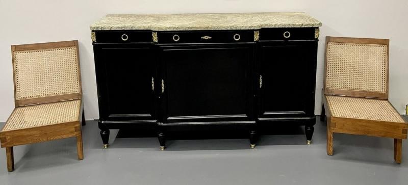 Ebony Hollywood Regency Louis XVI Style Bronze Mounted Sideboard, Marble Top - 8