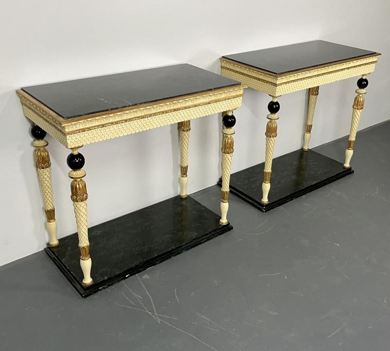 Pair of Maison Jansen Console Tables, Neoclassical, Marble Top, Paint Decorated - 2