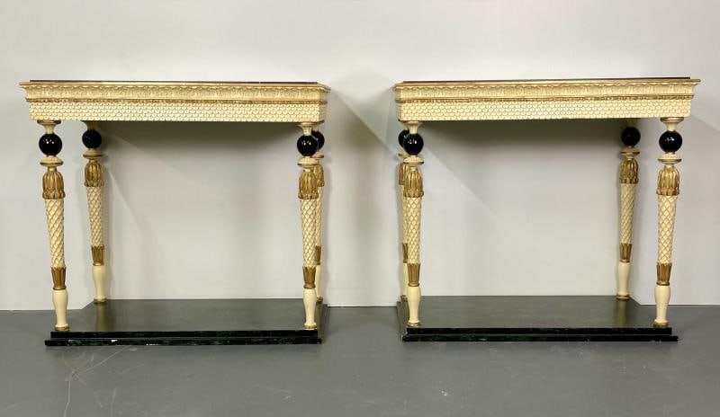 Pair of Maison Jansen Console Tables, Neoclassical, Marble Top, Paint Decorated - 3